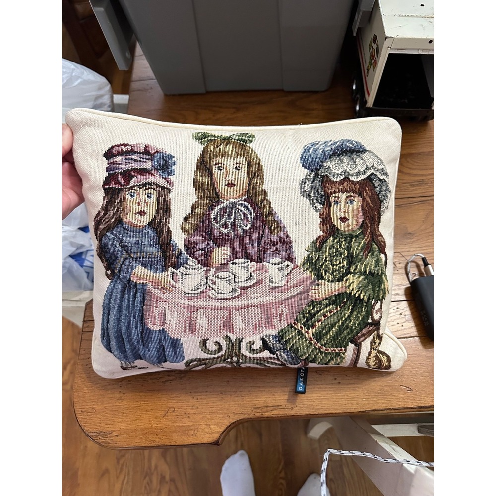 VTG Doll Tea Party Tapestry Pillow‎  Cottage Granny Dakotah Victorian Porcelain
